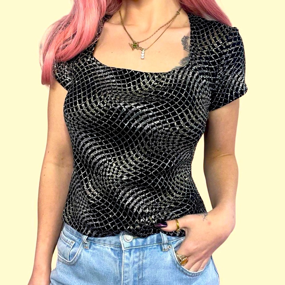 90’s slinky black silver gold glitter top